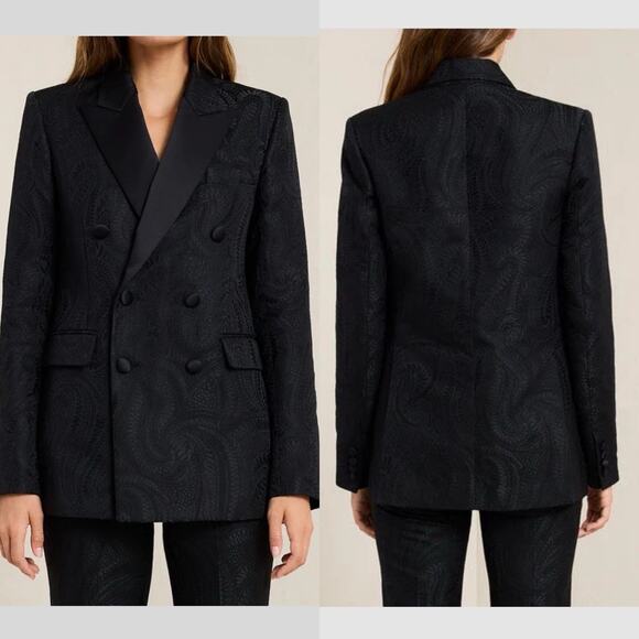 A.L.C. Women Declan Blazer Double Breasted Size 0 Black Brocade Jacquard - Picture 2 of 16